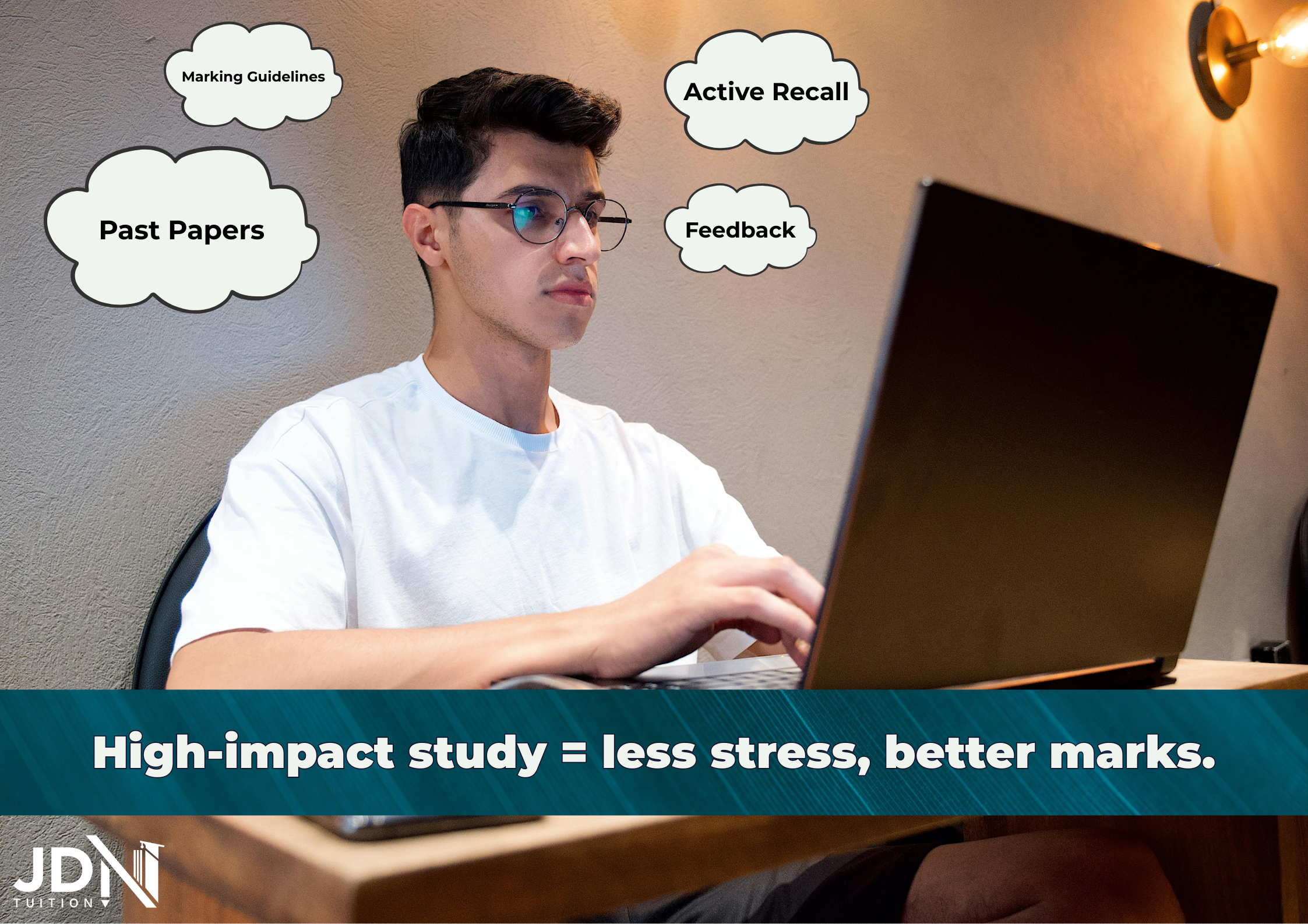 A NSW HSC student studying at a desk practising key concepts in a notebook.