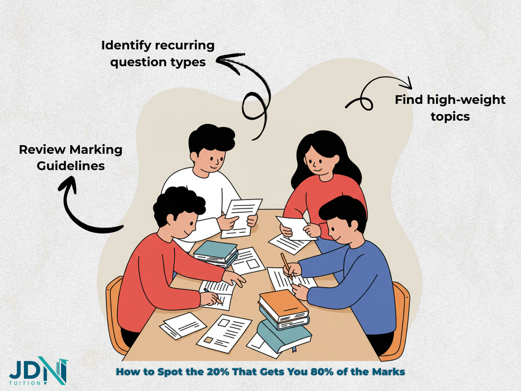 HSC students using the 80/20 rule to focus on high-impact study tasks while comparing notes on common exam questions.